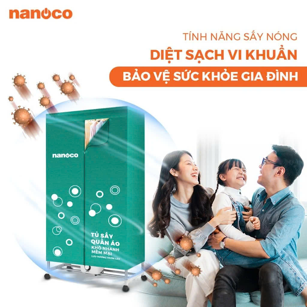 Tù sấy quần áo Nanoco Model NCD1502 màu xanh, công suất 1500W, (sức chứa ≤ 20kg)