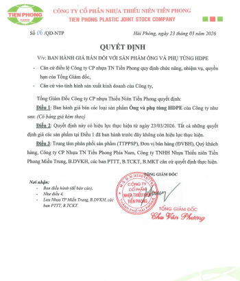  Tiền Phong - Công bố bảng giá mới ( tăng giá ) cho nhóm HDPR từ 23.3.2026 Áp dụng ngay!