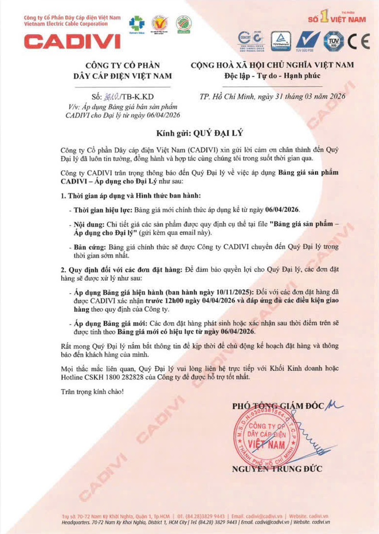 CADIVI THÔNG BÁO TĂNG GIÁ TỪ 06.04.2026