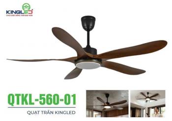 Quạt trần DC Kingled cao cấp QTKL-560-01 (60"), 60", 5 cánh, Đen + Vân gỗ óc chó