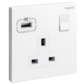 Ổ cắm đơn chuẩn Anh kèm công tắc, ổ cắm USB màu White Legrand Galion 282441A