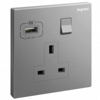 Ổ cắm đơn chuẩn Anh kèm công tắc, ổ cắm USB màu Dark Silver Legrand Galion 282441A-C3