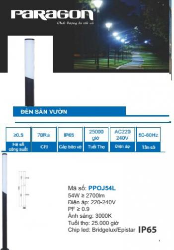 Đèn sân vườn Paragon PPOJ54L 54w, ánh sáng 3000K, pf~0.9, 25000giờ, CRI≥80, IP65 (bao gồm thân và đế cao 3,5m)